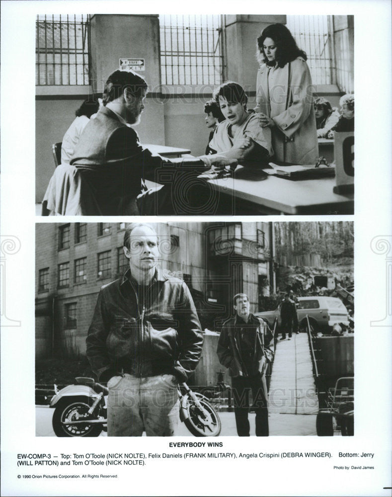 1990 Press Photo Nicke Nolte, Frank Military, Debra Winger &quot;Everybody Wins&quot; - Historic Images