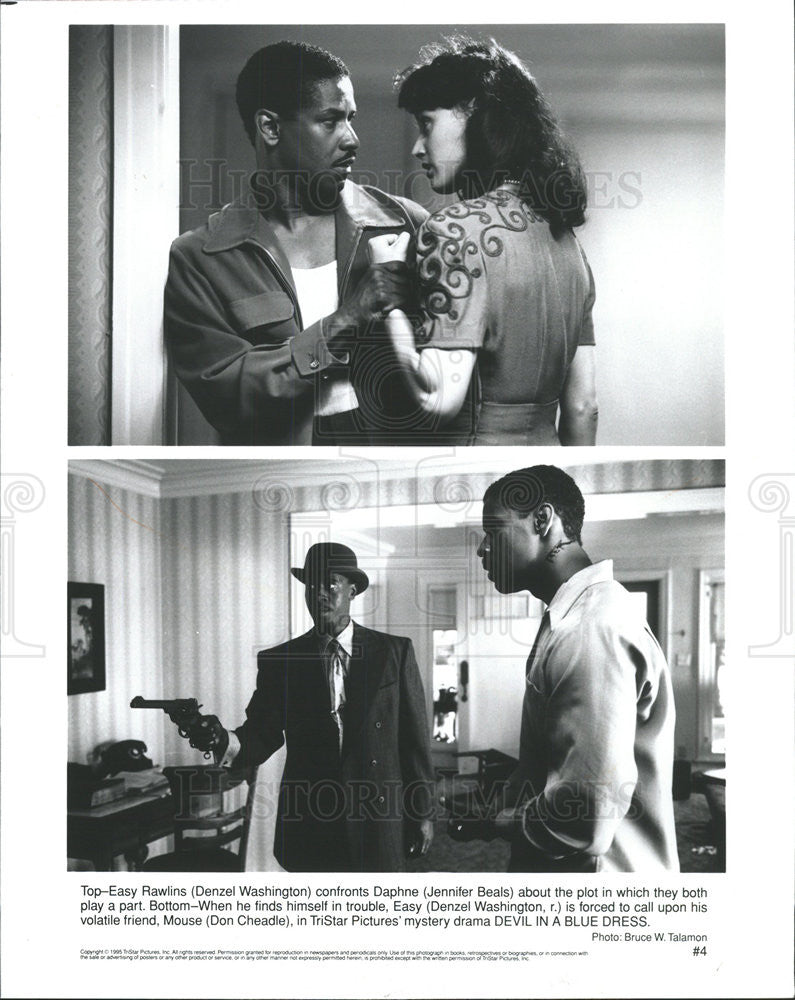 1995 Press Photo Denzel Washington Jennifer Beals Don Cheadle Actors Devil Blue - Historic Images