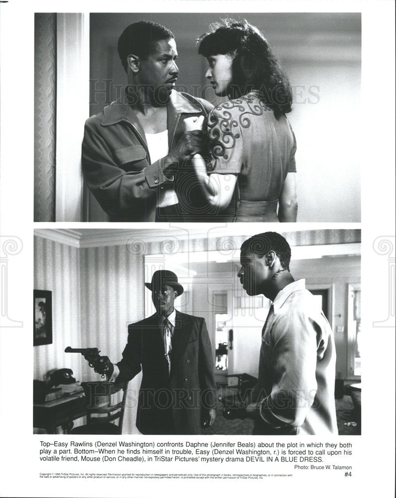 1995 Press Photo Denzel Washington Jennifer Beals Don Cheadle Actors Devil Blue - Historic Images