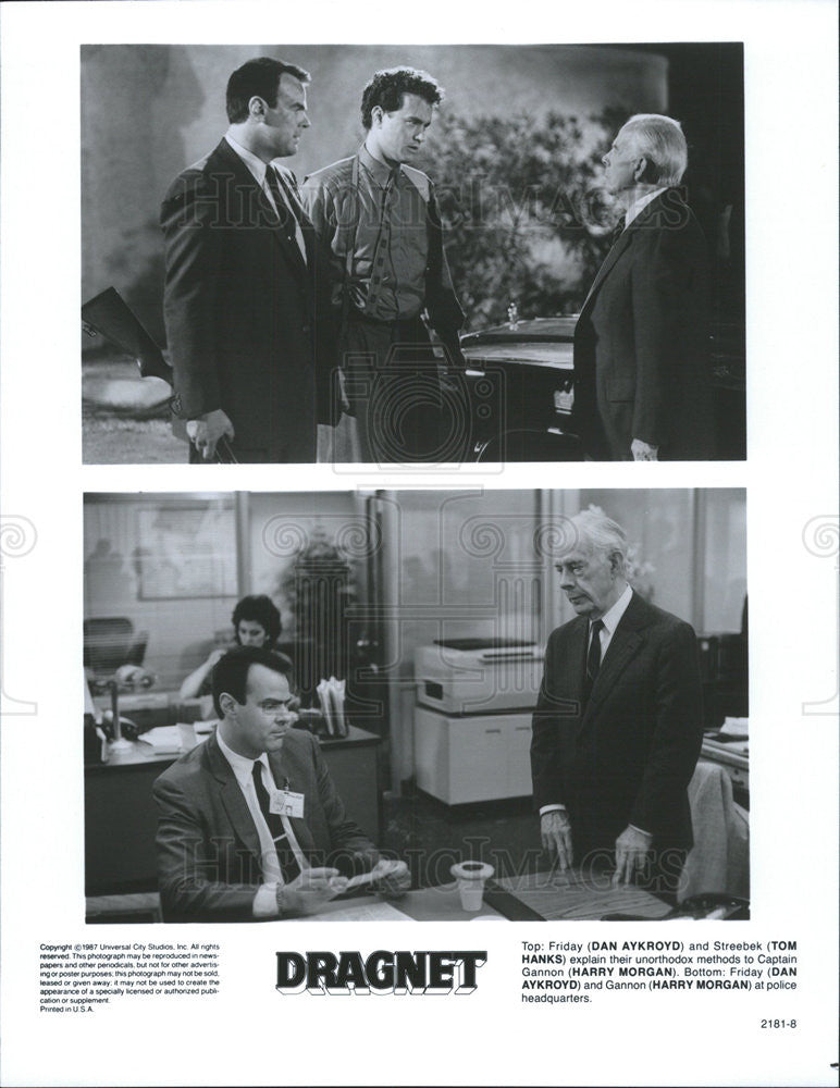 1987 Press Photo Dan Aykroyd Actor Tom Hanks Harry Morgan Dragnet Action Film - Historic Images