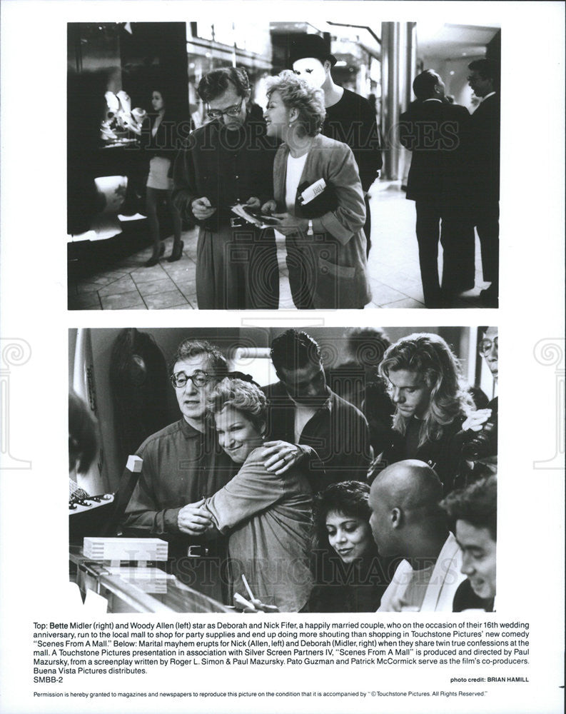 1991 Press Photo Bette Midler Woody Allen Scenes From Mall Drama Comedy Film - Historic Images