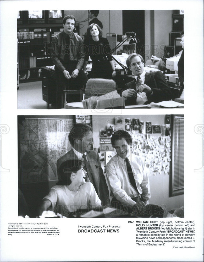 1987 Press Photo William Hurt, Holly Hunter, Albert Brooks in &quot;Broadcast News&quot; - Historic Images