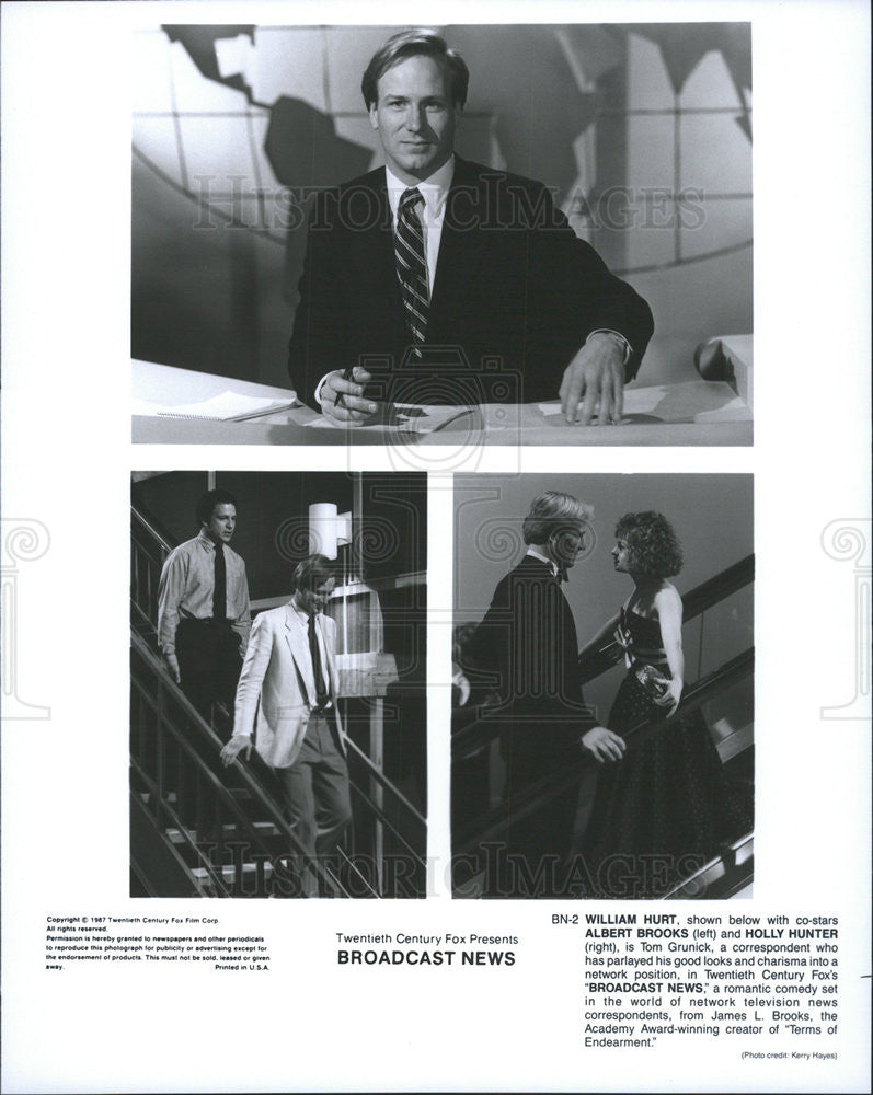 1987 Press Photo William Hurt, Albert Brooks &amp; Holly Hunter in &quot;Broadcast News&quot; - Historic Images