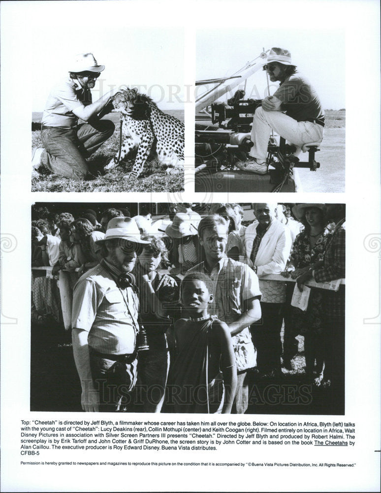 1989 Press Photo &quot;Cheetah&#39; Director Jeff Blyth, Lucy Deakens, Collin Mothupi - Historic Images