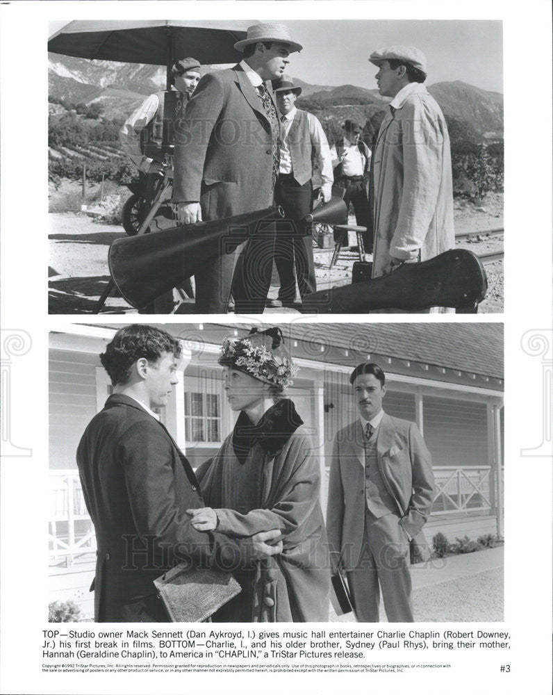 1992 Press Photo Dan Aykroyd, Robert Downey Jr, Paul Rhys In &quot;Chaplin&quot; - Historic Images