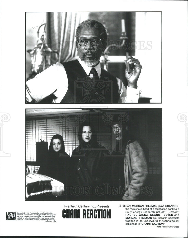 1996 Press Photo Morgan Freeman Rachel Wiesz Keanu Reeves Actors Chain Reaction - Historic Images