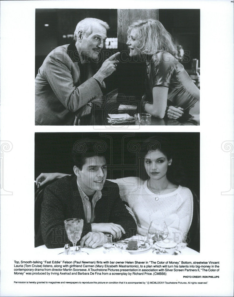 1986 Press Photo Paul Newman Helen Shaver Tom Cruise Mary Elizabeth Mastrantonio - Historic Images