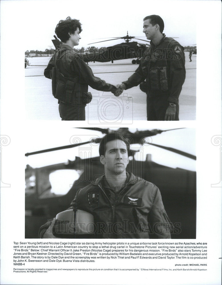 1990 Press Photo Fire Birds Sean Young Nicolas Cage - Historic Images