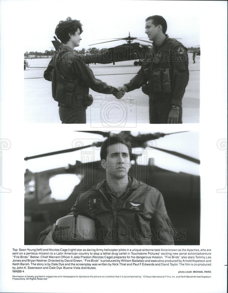 1990 Press Photo Fire Birds Nicolas Cage Sean Young - Historic Images