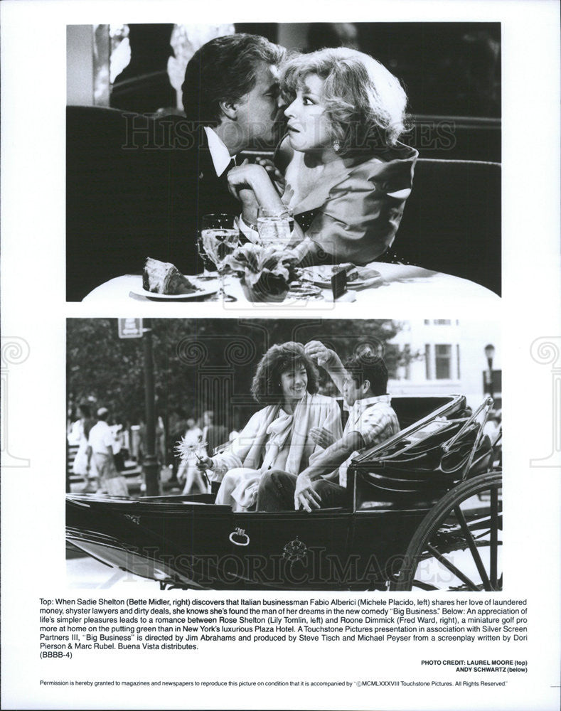 1988 Press Photo Bette Midler, Michele Placido, Lily Tomlin In &#39;Big Business&quot; - Historic Images