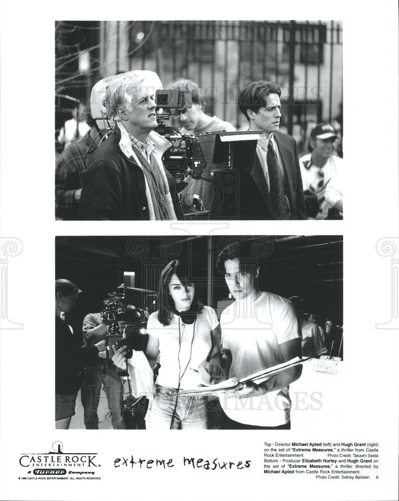 1996 Press Photo Director Michael Apted, Hugh Grant, Elizabeth Hurley on set - Historic Images