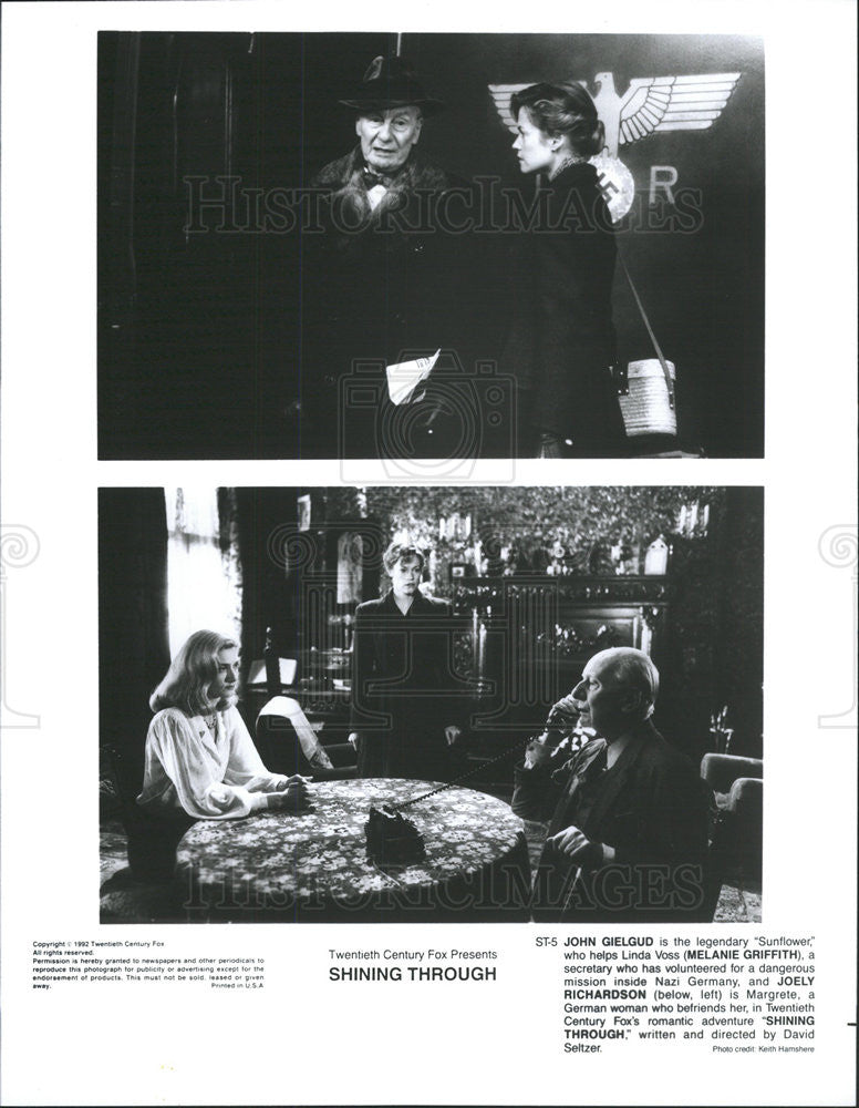 1992 Press Photo John Gielgud Melanie Griffith Joely Richardson Shining Through - Historic Images