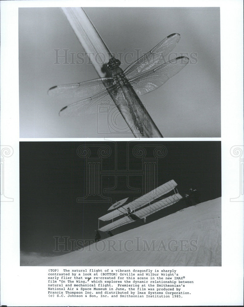 1985 Press Photo Dragonfly Flight Orville Wilbur Wright Early Flyer Film On Wing - Historic Images