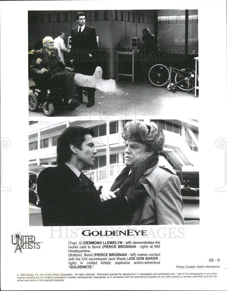 1995 Press Photo Desmond Llewelyn Pierce Brosnan Joe Don Baker Actors Goldeneye - Historic Images