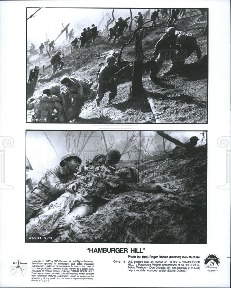 1987 Press Photo Film Hamburger Hill Don Cheade Tim Quill Daniel O&#39;Shea - Historic Images