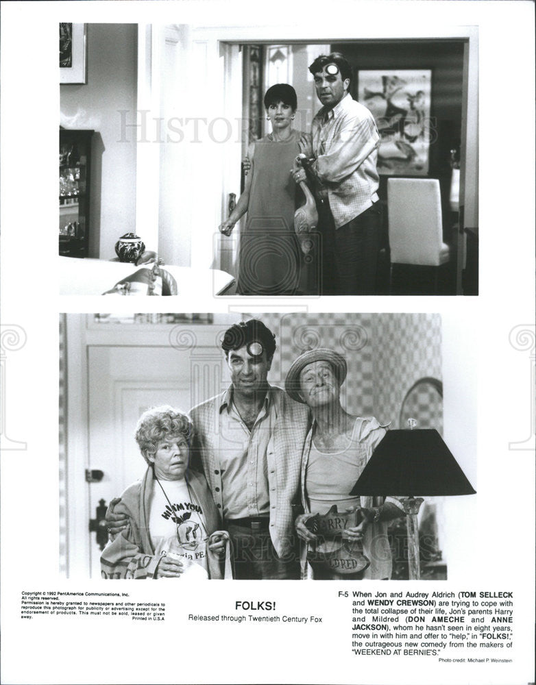 1992 Press Photo Tom Selleck, Wendy Crewson, Don Ameche &amp; Anne Jackson In Folks - Historic Images