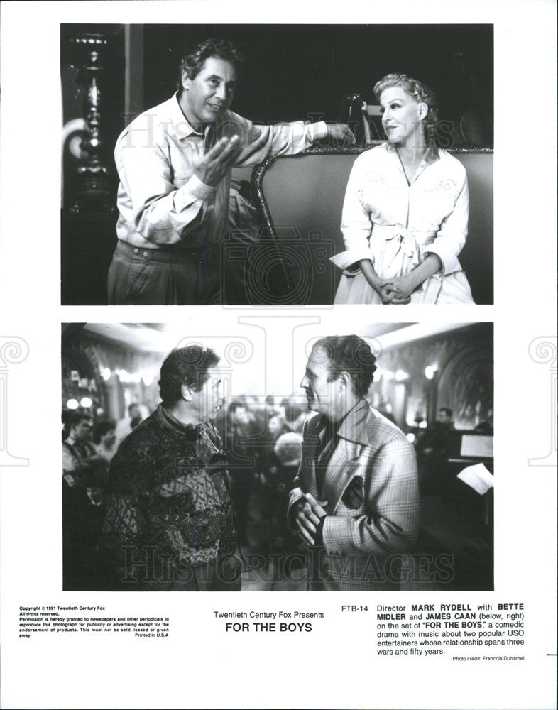 1991 Press Photo Mark Rydell, Bette Midler &amp; James Caan On The For The Boys Set - Historic Images