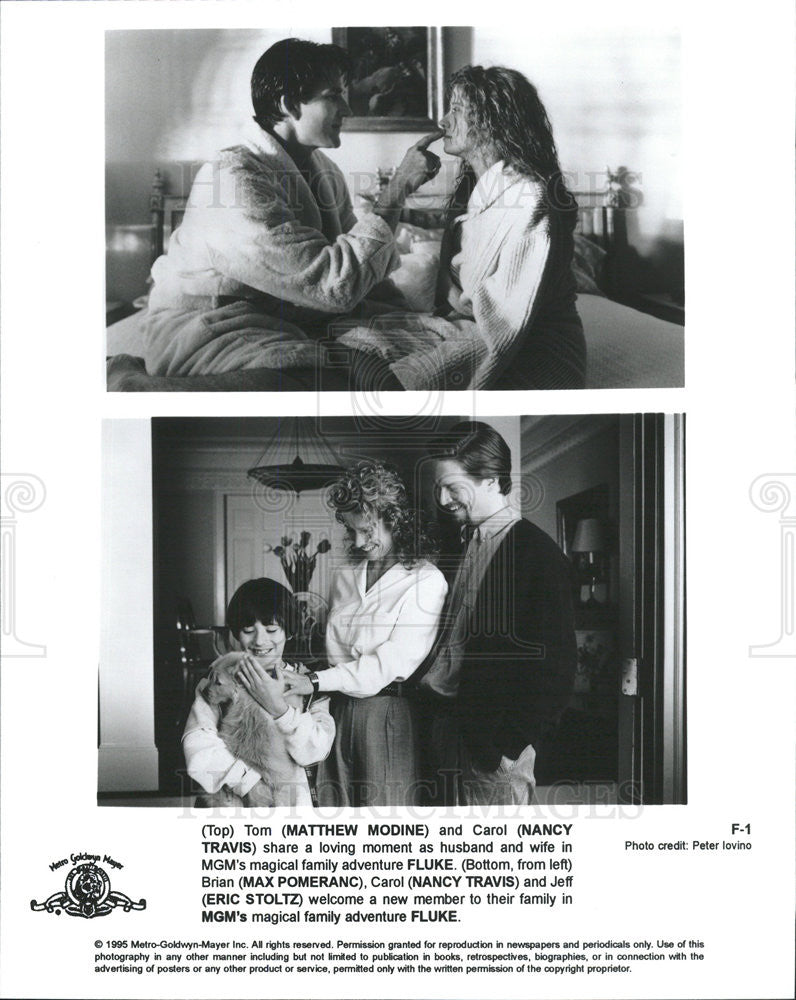 1995 Press Photo Matthew Modine Nancy Travis Max Pomeranc Eric Stoltz Fluke Film - Historic Images