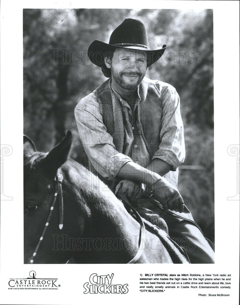 1991 Press Photo City Slickers Film Actor Billy Crystal Riding Horse Scene - Historic Images