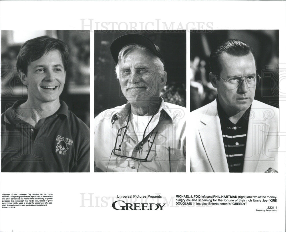 1994 Press Photo Greedy Michael J. Fox Phil Hartman Kirk Douglas - Historic Images