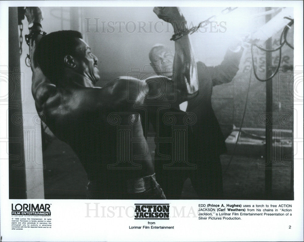 1988 Press Photo Prince A Hughes and Carl Weathers in &quot;Action Jackson&quot; - Historic Images