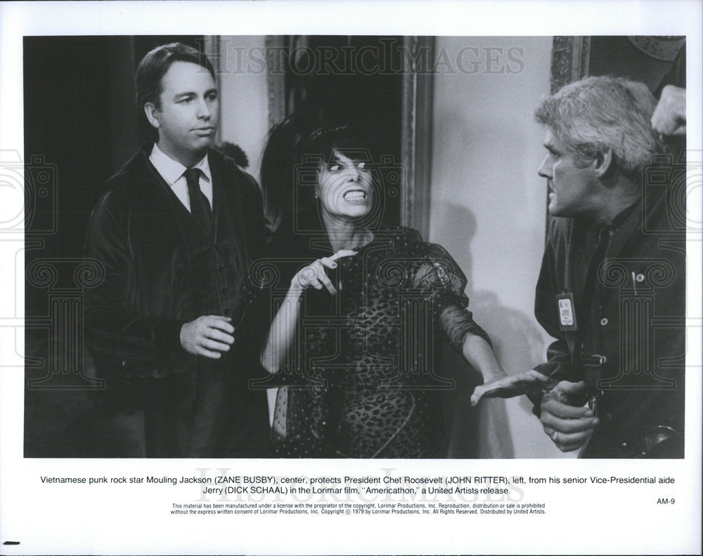 1979 Press Photo Zane Busby, John Ritter &amp; Dick Schaal Star In &quot;Americathon&quot; - Historic Images