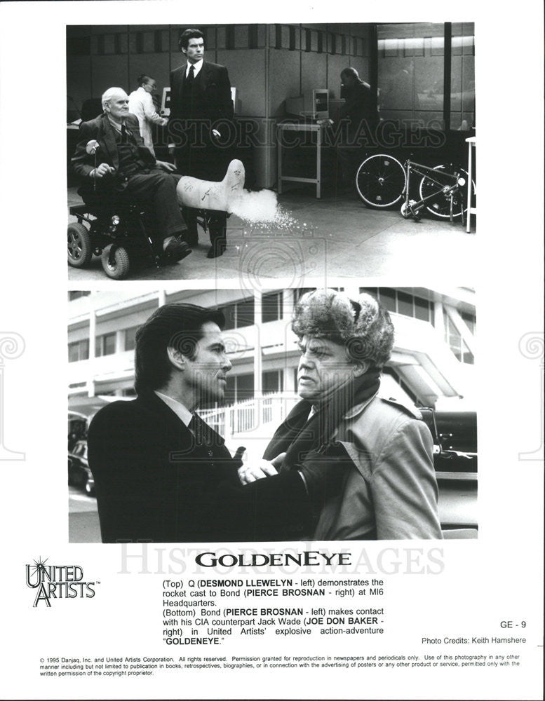 1995 Press Photo GoldenEye Desmond Llewelyn Pierce Brosnan Joe Don Baker - Historic Images