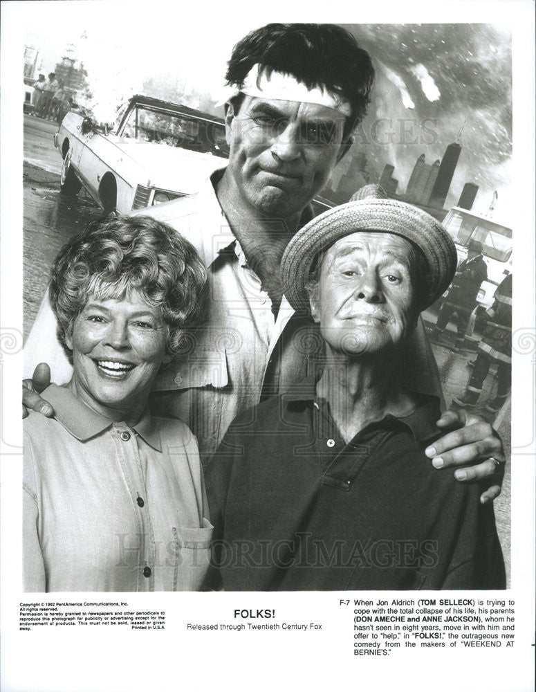 1992 Press Photo Tom Selleck Don Ameche Anne Jackson Actors Folks! - Historic Images