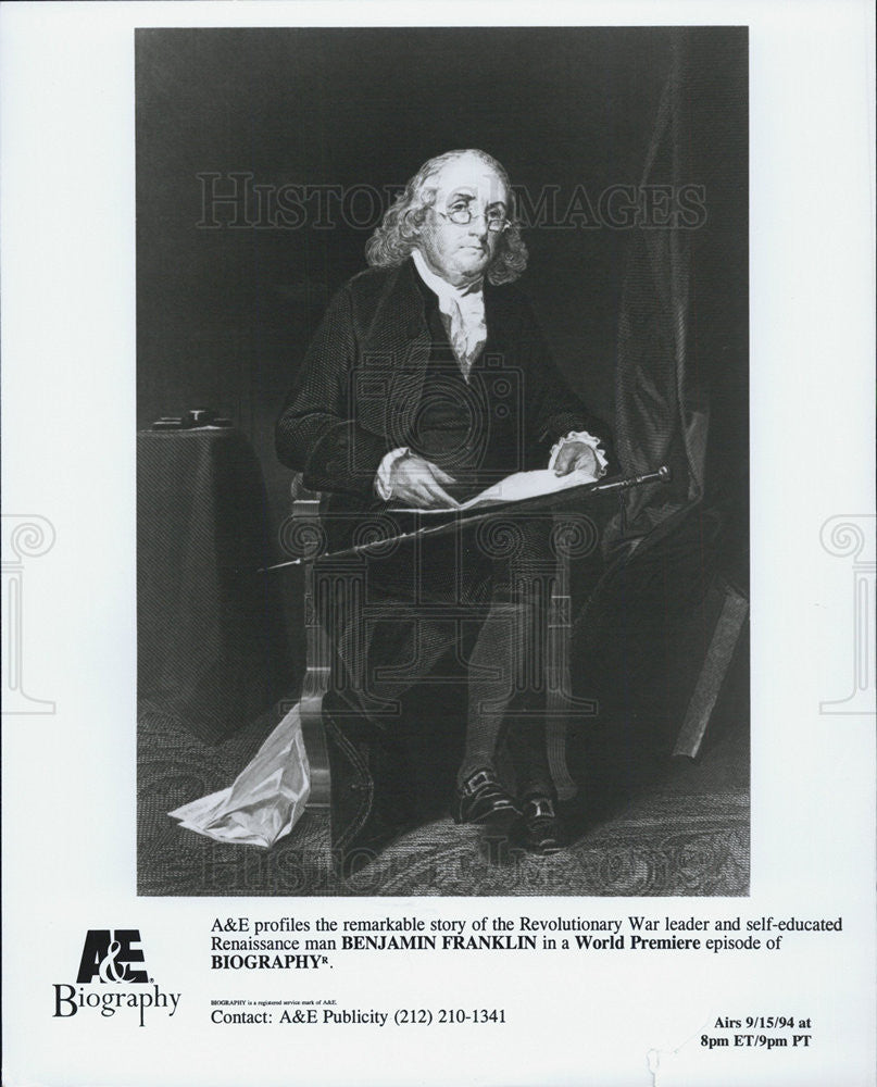 1994 Press Photo Sketch Benjamin Franklin American Revolutionary A&amp;E Biography - Historic Images