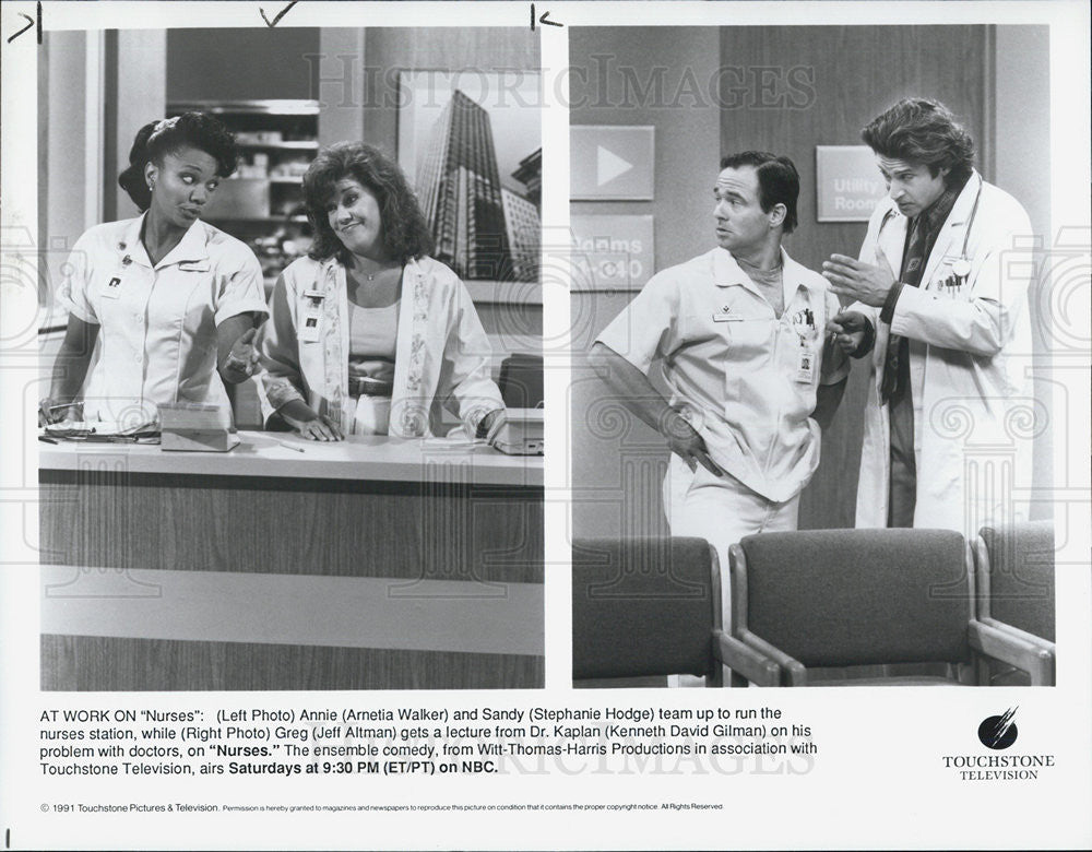 1991 Press Photo A.Walker, S.Hodge, J.Altman, &amp; K.D. Gilman NBC Sitcom &quot;Nurses&quot; - Historic Images