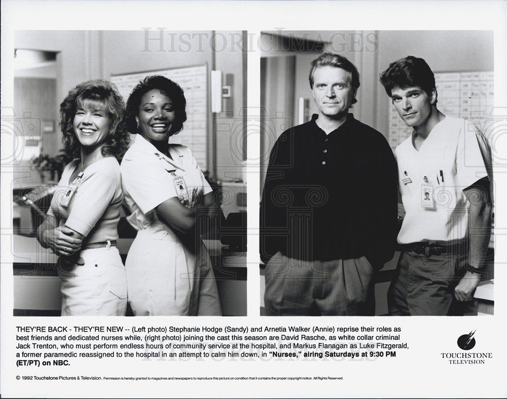 1992 Press Photo S.Hodge, A.Walker, D.Rasche, &amp; M.Flanagan NBC Sitcom &quot;Nurses&quot; - Historic Images