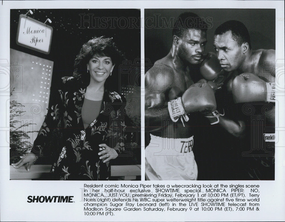 Press Photo (L) Monica Piper (R) Terry Norris and Sugar Ray Leonard on Showtime - Historic Images