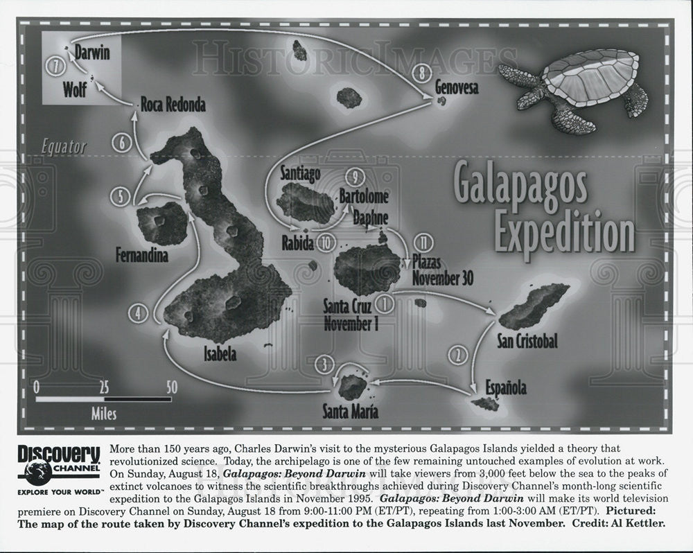 Press Photo Map Route Discovery Channel Expedition Galapagos Islands - Historic Images