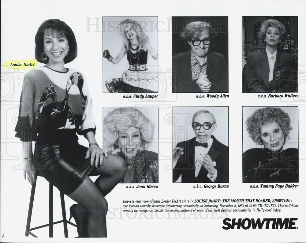 1989 Press Photo Louise DuArt Comedy Showcase Host As Various Characters - Historic Images