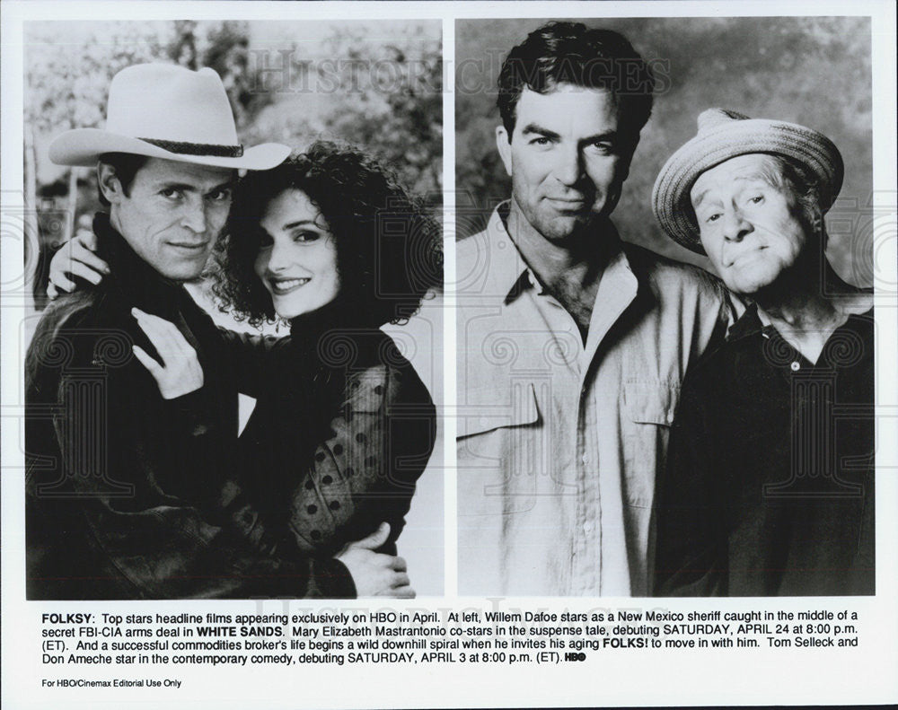 Press Photo Willem Dafoe, Mary Elizabeth Mastrantonio, Tom Selleck, Don Ameche - Historic Images