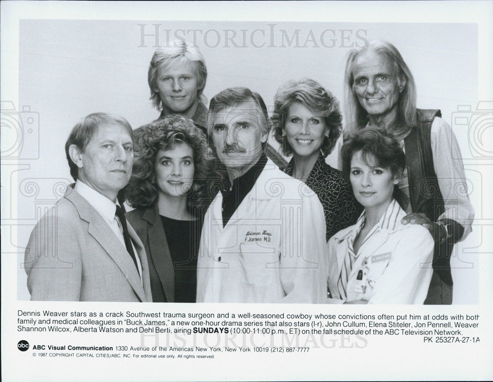 1987 Press Photo Dennis Weaver John Cullum Elena Stiteler BUCK JAMES Stars - Historic Images