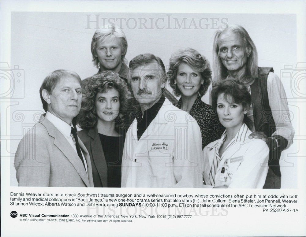 1987 Press Photo Dennis Weaver John Cullum Elena Stiteler BUCK JAMES Stars - Historic Images