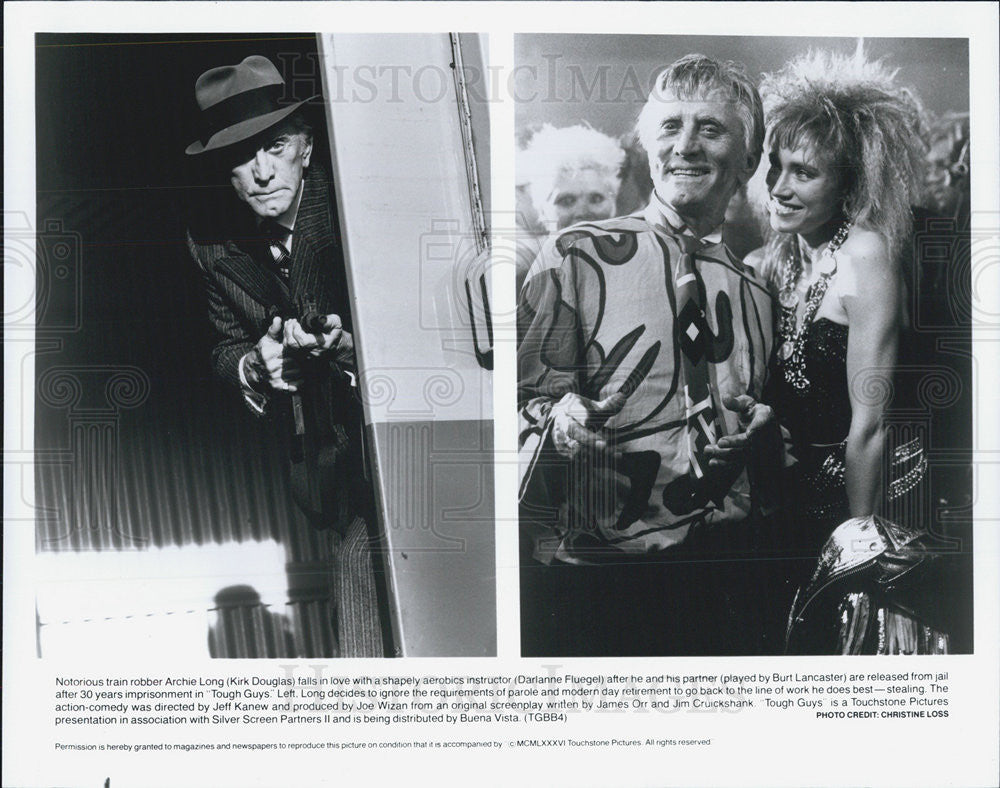 1986 Press Photo Actors Kirk Douglas, Darlanne Fluegel And Burt Lancaster - Historic Images