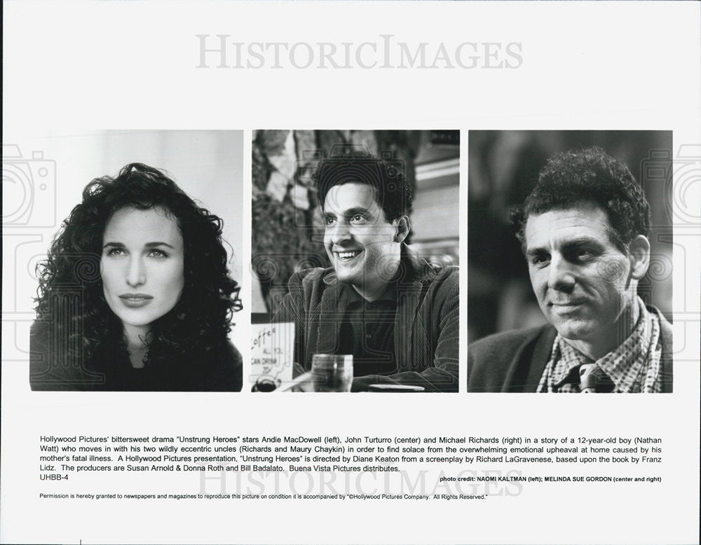 Press Photo Andie MacDowell, John Turturro, Michael Richards in Unstrung Heroes - Historic Images