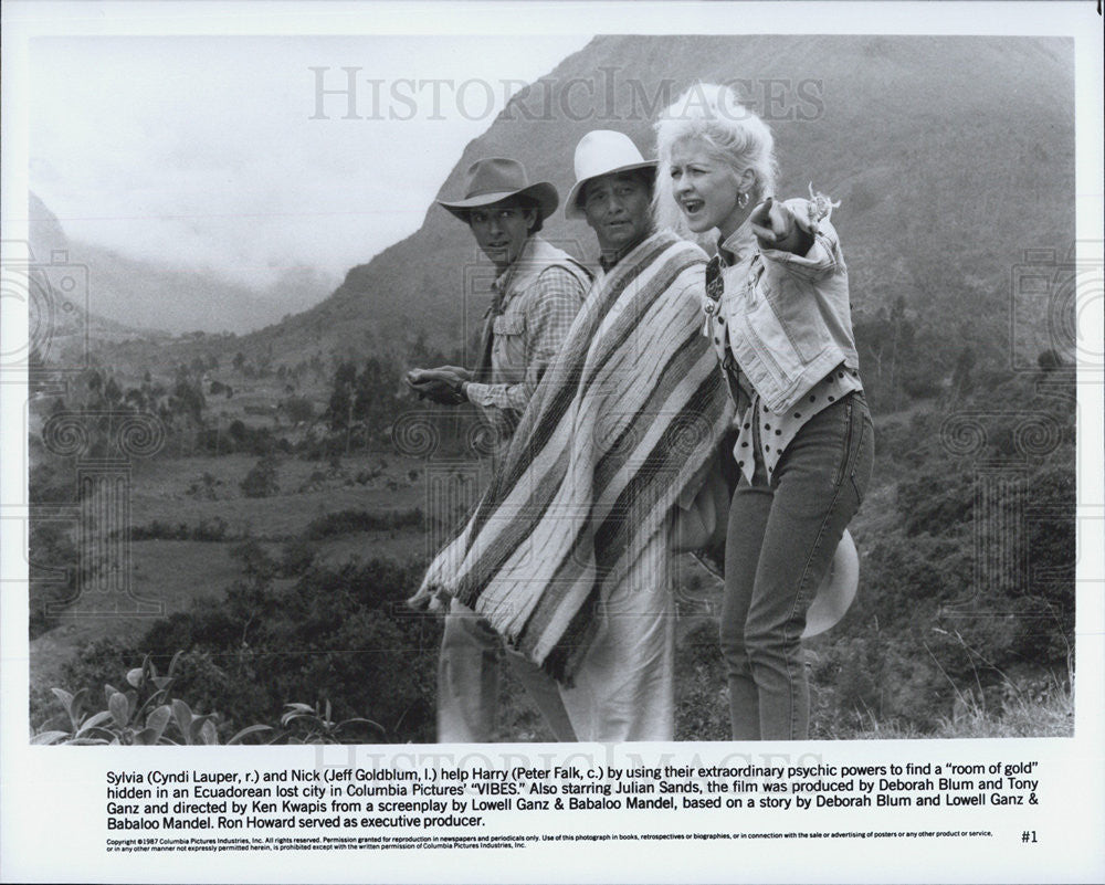 1988 Press Photo Actors Cyndi Lauper, Jeff Goldblum And Peter Falk In &quot;Vibes&quot; - Historic Images