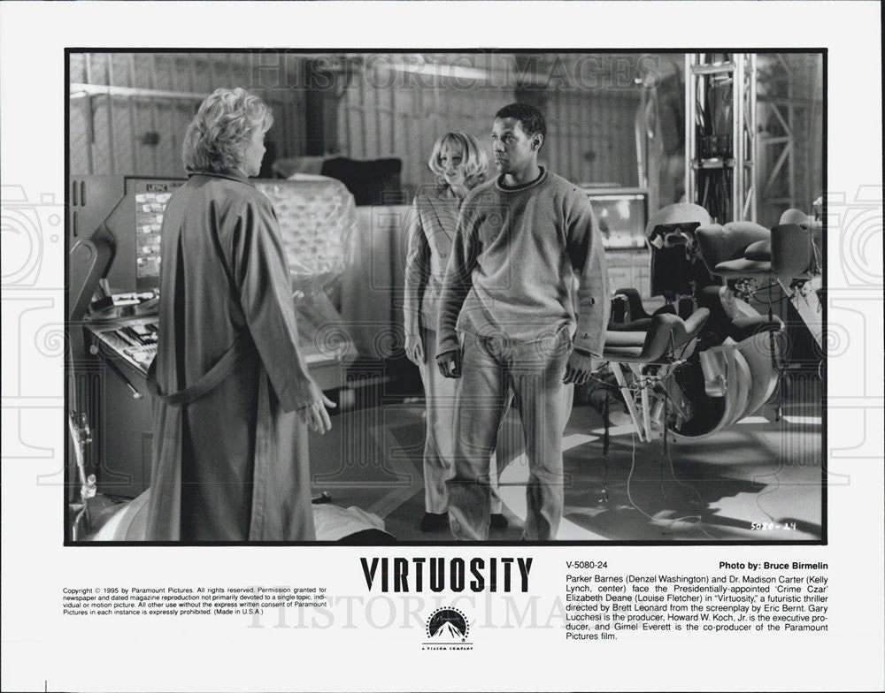 1995 Press Photo Denzel Washington Kelly Lynch and Louise Fletcher in Virtuosity - Historic Images