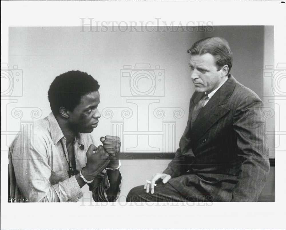 Press Photo Movie Still w/ Handcuffed Man Being Interrogated by Detective B&amp;W - Historic Images