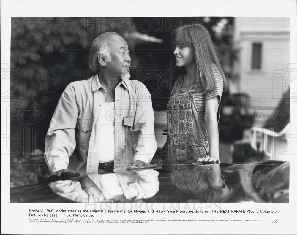 1994 Press Photo Moriyuki &quot;Pat&quot;Morita And Hilary Swank In &quot;The Next Karate Kid:&quot; - Historic Images