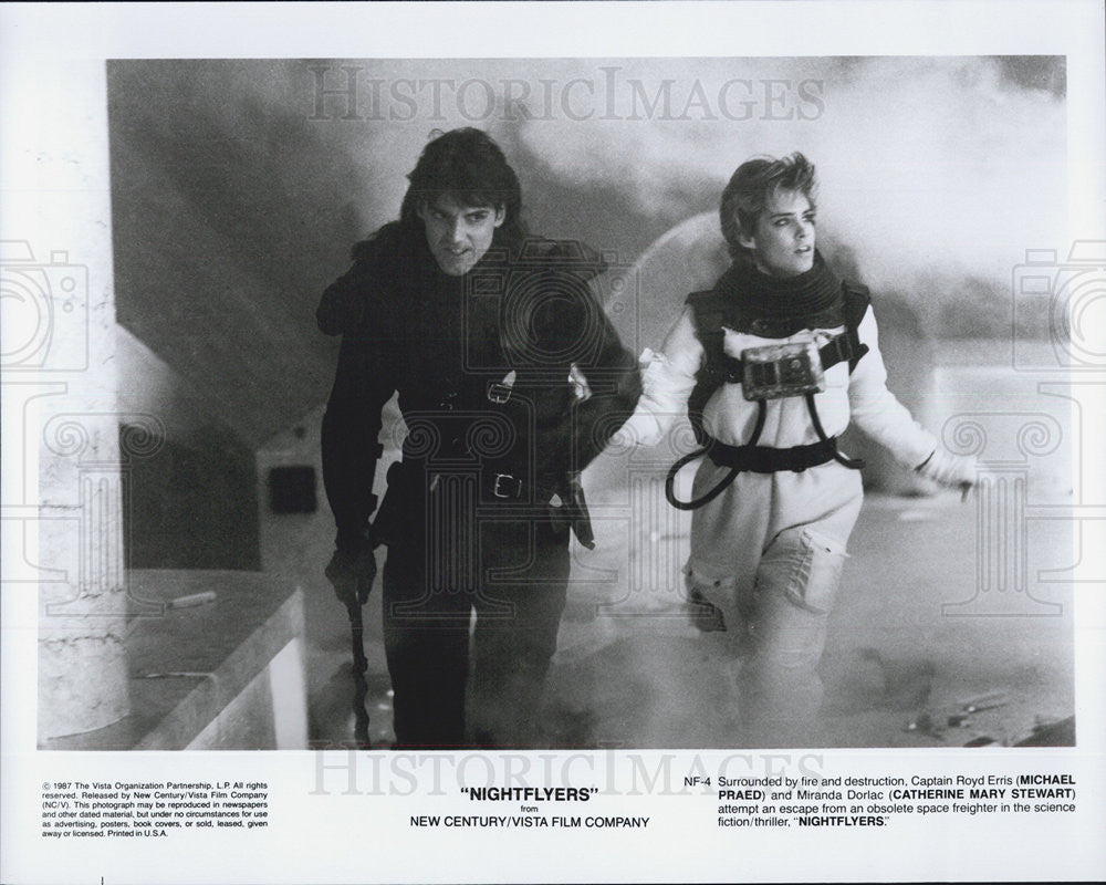 1987 Press Photo of Michael Praed and Catherine Mary Stewart in &quot;Nightflyers&quot; - Historic Images