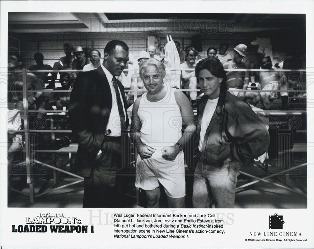 1993 Press Photo Samuel L Jackson, Jon Lovitz, Emilio Estevez, Loaded Weapon I - Historic Images