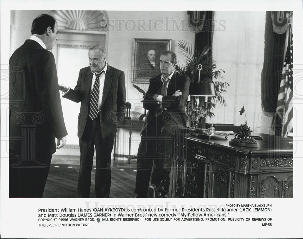 1996 Press Photo Dan Aykroyd, Jack Lemmon, James Garner in &quot;My Fellow Americans&quot; - Historic Images