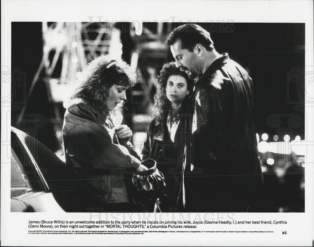 1991 Press Photo Bruce Willis, Glenne Headly &amp; Demi Moore in &quot;Mortal Thoughts&quot; - Historic Images