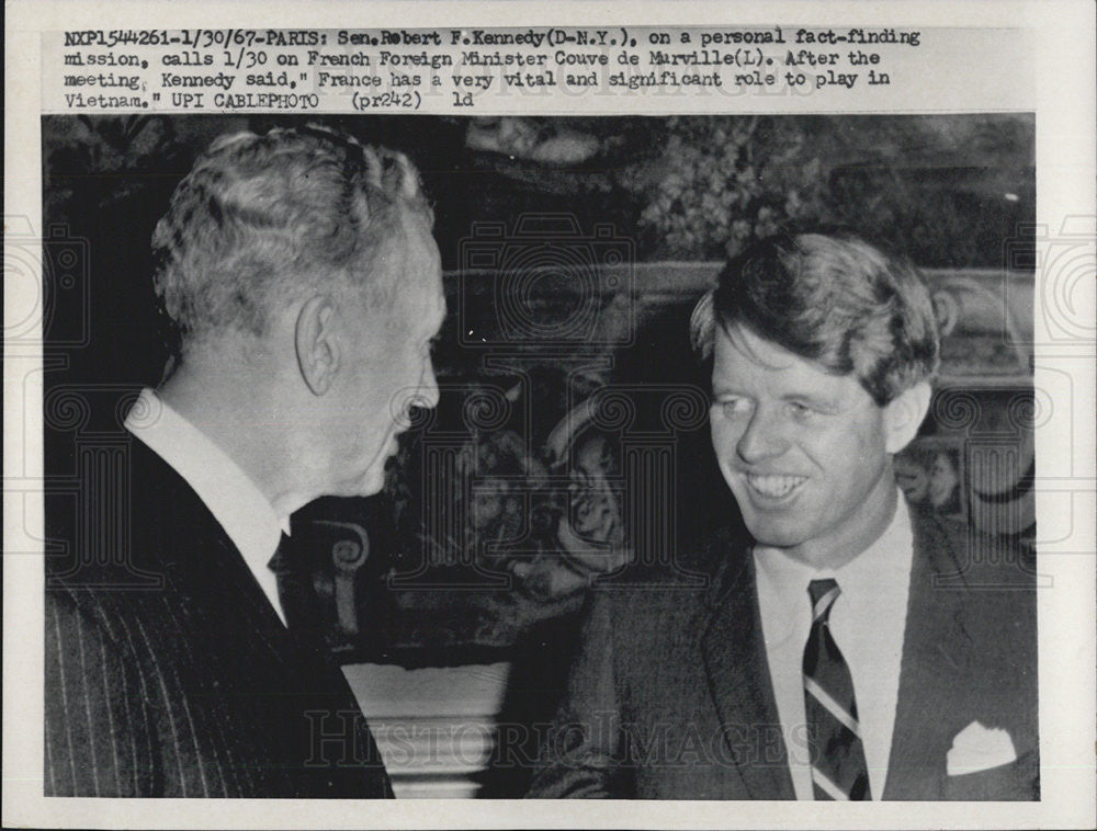 1967 Press Photo Sen Robert F Kennedy and French For Min Couve de Muville - Historic Images