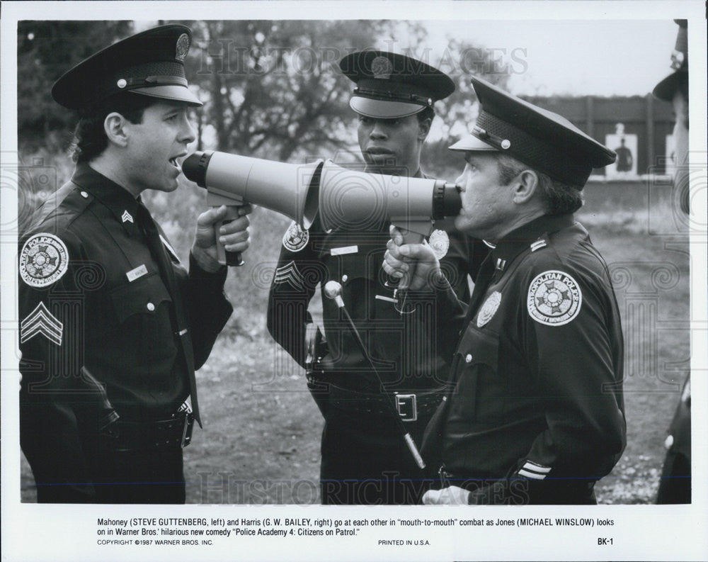 1987 Press Photo Steve Guttenberg,GW Bailey,&amp; Michael Winslow&quot;Police Academy4&quot; - Historic Images