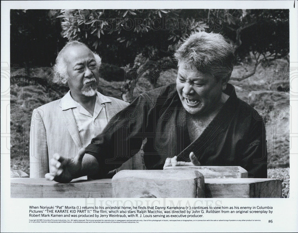 1985 Press Photo Noriyuki Moria and Danny Kamekona &quot;The Karate Kid Part II&quot; - Historic Images